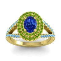 Blue Sapphire Ring In 14k Yellow Gold With Peridot And Swiss Blue Topaz Dhala Oval Halo Ring