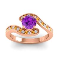 Amethyst Ring In 14K Rose Gold With Diamond And Citrine Nidra Round Modern Ring