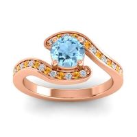 Aquamarine Ring In 14K Rose Gold With Diamond And Citrine Nidra Round Modern Ring