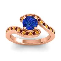 Lab Blue Sapphire Ring In 18K Rose Gold With Citrine And Garnet Nidra Round Modern Ring