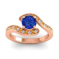 Lab Blue Sapphire Ring In 14K Rose Gold With Diamond And Citrine Nidra Round Modern Ring