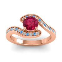 Ruby Ring In 18K Rose Gold With Lab Diamond And Swiss Blue Topaz Nidra Round Modern Ring