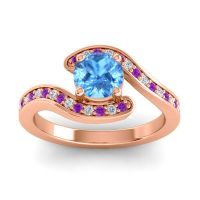 Swiss Blue Topaz Ring In 18K Rose Gold With Amethyst And Lab Diamond Nidra Round Modern Ring