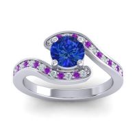 Lab Blue Sapphire Ring In Palladium With Lab Diamond And Amethyst Nidra Round Modern Ring