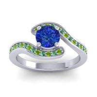 Lab Blue Sapphire Ring In Palladium With Peridot And Emerald Nidra Round Modern Ring