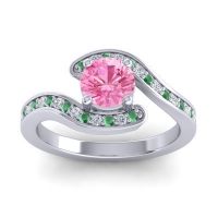 Pink Tourmaline Ring In Palladium With Emerald And Lab Diamond Nidra Round Modern Ring