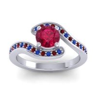 Ruby Ring In Palladium With Blue Sapphire And Garnet Nidra Round Modern Ring