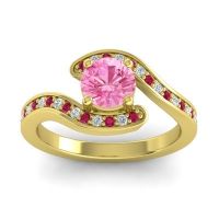 Pink Tourmaline Engagement Ring In 18k Yellow Gold With Ruby And Diamond - Nidra Round Modern Ring