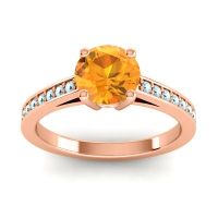 Citrine Ring In 14K Rose Gold With Diamond And Aquamarine Hasa Round Classic Ring