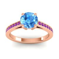 Swiss Blue Topaz Ring In 14K Rose Gold With Aquamarine And Amethyst Hasa Round Classic Ring
