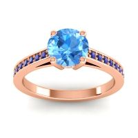 Swiss Blue Topaz Ring In 14K Rose Gold With Aquamarine And Blue Sapphire Hasa Round Classic Ring