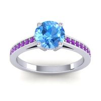 Swiss Blue Topaz Ring In 14k White Gold With Blue Sapphire And Amethyst Hasa Round Classic Ring