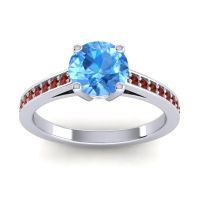 Swiss Blue Topaz Ring In 14k White Gold With Diamond And Garnet Hasa Round Classic Ring