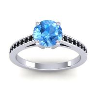 Swiss Blue Topaz Ring In 18k White Gold With Emerald And Black Onyx Hasa Round Classic Ring
