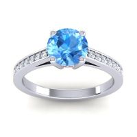 Swiss Blue Topaz Ring In 14k White Gold With Garnet And Lab Diamond Hasa Round Classic Ring