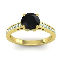 Black Onyx Ring In 18k Yellow Gold With Emerald And Aquamarine Hasa Round Classic Ring
