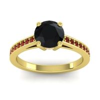 Black Onyx Ring In 18k Yellow Gold With Pink Tourmaline And Garnet Hasa Round Classic Ring