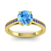 Swiss Blue Topaz Ring In 14k Yellow Gold With Lab Diamond And Blue Sapphire Hasa Round Classic Ring