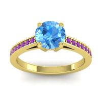 Swiss Blue Topaz Ring In 14k Yellow Gold With Ruby And Amethyst Hasa Round Classic Ring
