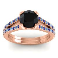 Black Onyx Ring In 14K Rose Gold With Blue Sapphire And Swiss Blue Topaz Mustika-7 Round Classic Ring
