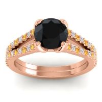 Black Onyx Ring In 14K Rose Gold With Citrine And Lab Diamond Mustika-7 Round Classic Ring