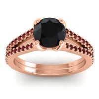 Black Onyx Ring In 14K Rose Gold With Garnet Mustika-7 Round Classic Ring