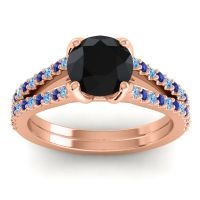 Black Onyx Ring In 14K Rose Gold With Swiss Blue Topaz And Blue Sapphire Mustika-7 Round Classic Ring