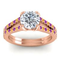 Diamond Ring In 14K Rose Gold With Amethyst And Citrine Mustika-7 Round Classic Ring