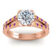 Diamond Ring In 14K Rose Gold With Citrine And Amethyst Mustika-7 Round Classic Ring