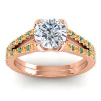Diamond Ring In 14K Rose Gold With Citrine And Emerald Mustika-7 Round Classic Ring