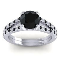 Black Onyx Ring In 14k White Gold With Lab Diamond Mustika-7 Round Classic Ring
