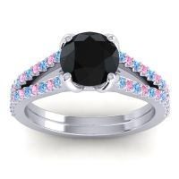 Black Onyx Ring In 14k White Gold With Swiss Blue Topaz And Pink Tourmaline Mustika-7 Round Classic Ring