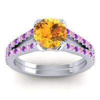 Citrine Ring In 14k White Gold With Amethyst And Pink Tourmaline Mustika-7 Round Classic Ring