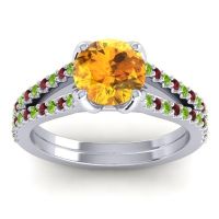 Citrine Ring In 14k White Gold With Peridot And Garnet Mustika-7 Round Classic Ring
