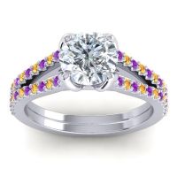 Diamond Ring In Palladium With Amethyst And Citrine Mustika-7 Round Classic Ring