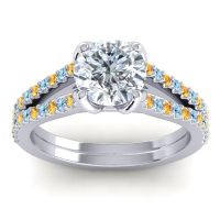 Diamond Ring In Palladium With Citrine And Aquamarine Mustika-7 Round Classic Ring