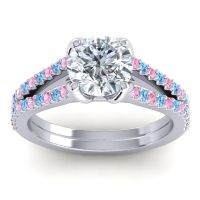 Diamond Ring In Platinum With Pink Tourmaline And Swiss Blue Topaz Mustika-7 Round Classic Ring
