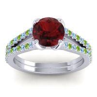 Garnet Ring In 14k White Gold With Aquamarine And Peridot Mustika-7 Round Classic Ring