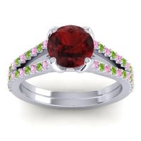 Garnet Ring In 14k White Gold With Pink Tourmaline And Peridot Mustika-7 Round Classic Ring