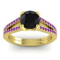 Black Onyx Ring In 14k Yellow Gold With Amethyst Mustika-7 Round Classic Ring