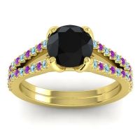 Black Onyx Ring In 14k Yellow Gold With Aquamarine And Amethyst Mustika-7 Round Classic Ring