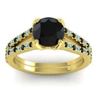 Black Onyx Ring In 14k Yellow Gold With Aquamarine Mustika-7 Round Classic Ring