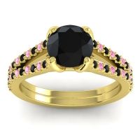 Black Onyx Ring In 14k Yellow Gold With Pink Tourmaline Mustika-7 Round Classic Ring