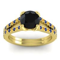 Black Onyx Ring In 14k Yellow Gold With Blue Sapphire And Citrine Mustika-7 Round Classic Ring