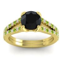 Black Onyx Ring In 14k Yellow Gold With Peridot And Lab Diamond Mustika-7 Round Classic Ring