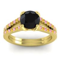 Black Onyx Ring In 14k Yellow Gold With Pink Tourmaline And Citrine Mustika-7 Round Classic Ring