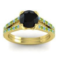 Black Onyx Ring In 14k Yellow Gold With Swiss Blue Topaz And Peridot Mustika-7 Round Classic Ring