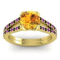 Citrine Ring In 14k Yellow Gold With Black Onyx And Amethyst Mustika-7 Round Classic Ring