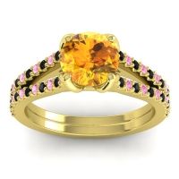 Citrine Ring In 14k Yellow Gold With Black Onyx And Pink Tourmaline Mustika-7 Round Classic Ring