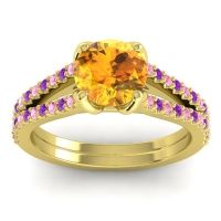 Citrine Ring In 14k Yellow Gold With Pink Tourmaline And Amethyst Mustika-7 Round Classic Ring